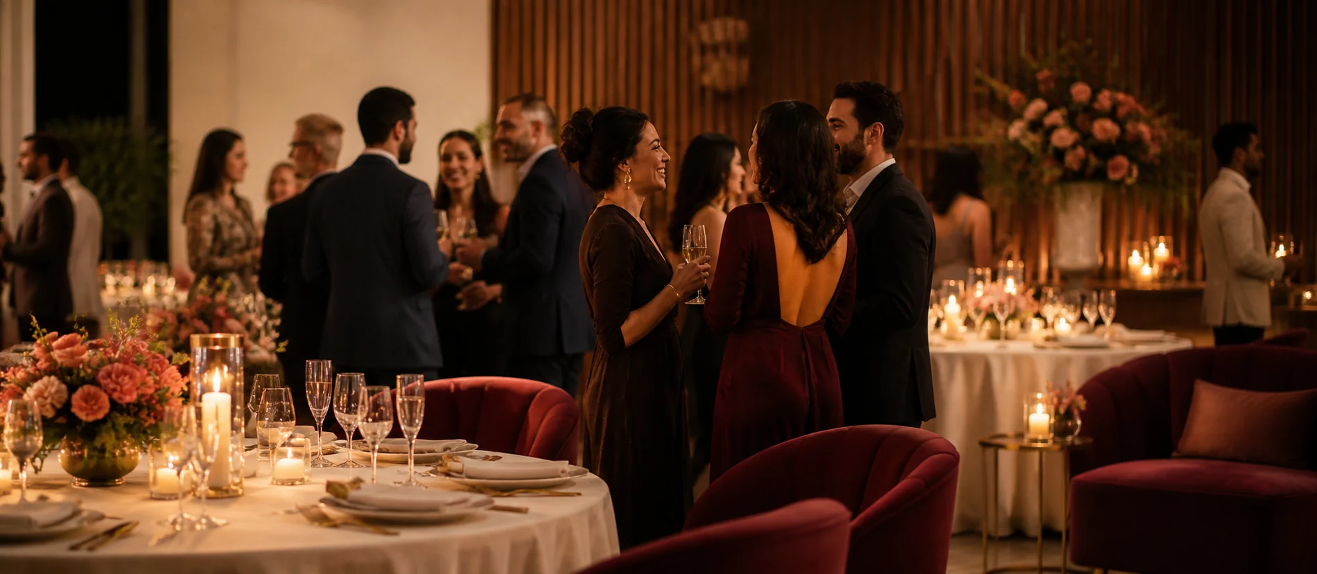 Convidados aproveitando uma celebração em ambiente acolhedor
